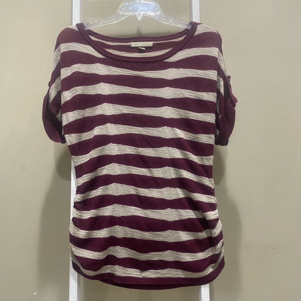 One A Medium Burgundy Cream Striped Knit Top Button Sleeve Casual